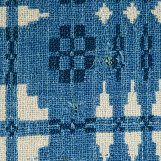 19th c. RARE Blue on Blue Wool Jacquard Woven Coverlet