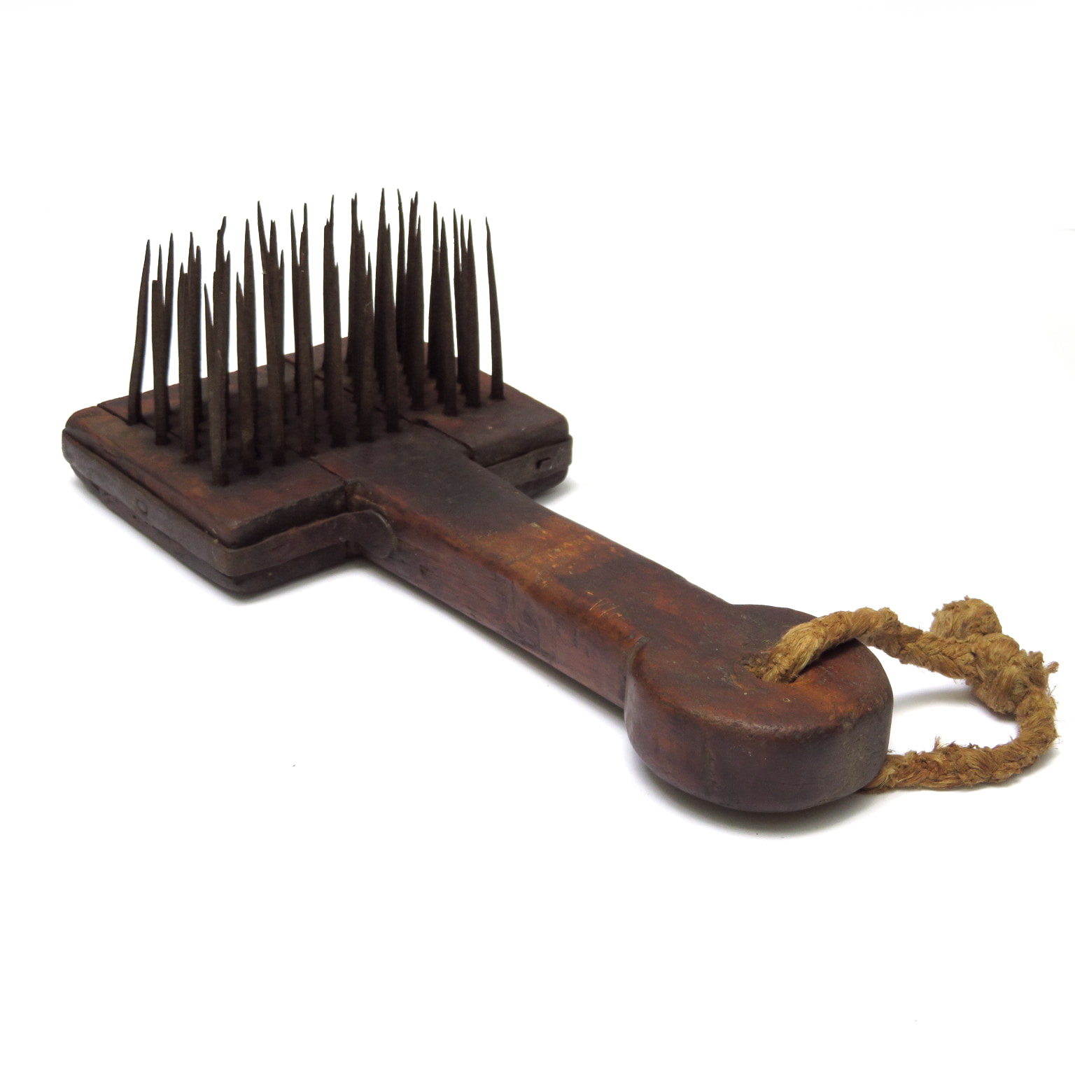 Antique 19th c. Flax Hatchel Oak & Forged Iron Carding Tool Primitive ...