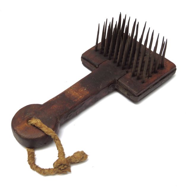 Antique 19th c. Flax Hatchel Oak & Forged Iron Carding Tool Primitive ...